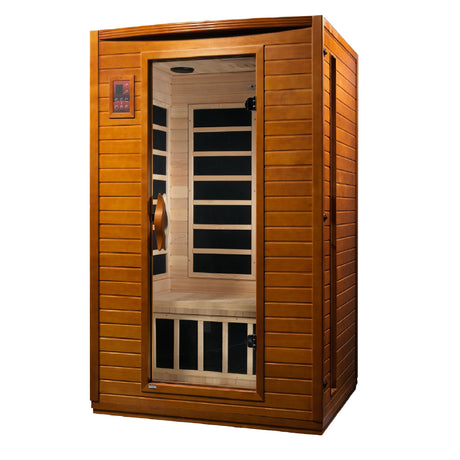 Dynamic Saunas Versailles model sauna made from Canadian hemlock with 6 infrared heat panels inside and a two person capacity