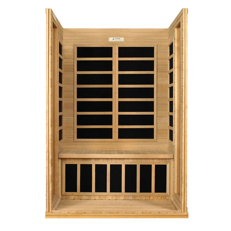 Dynamic Saunas Versailles model sauna made from Canadian hemlock with 6 infrared heat panels inside and a two person capacity