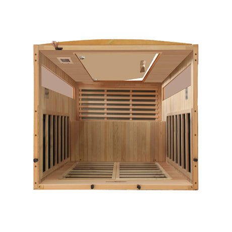 Dynamic Saunas Versailles model sauna made from Canadian hemlock with 6 infrared heat panels inside and a two person capacity