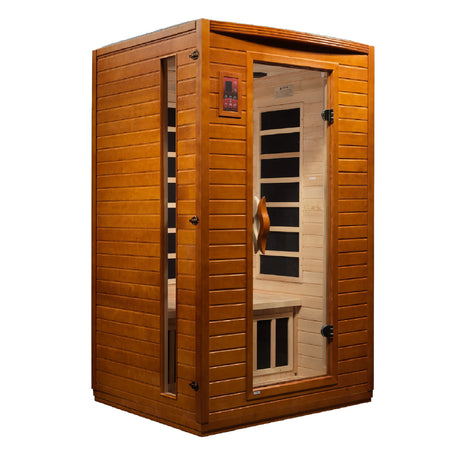 Dynamic Saunas Versailles model sauna made from Canadian hemlock with 6 infrared heat panels inside and a two person capacity