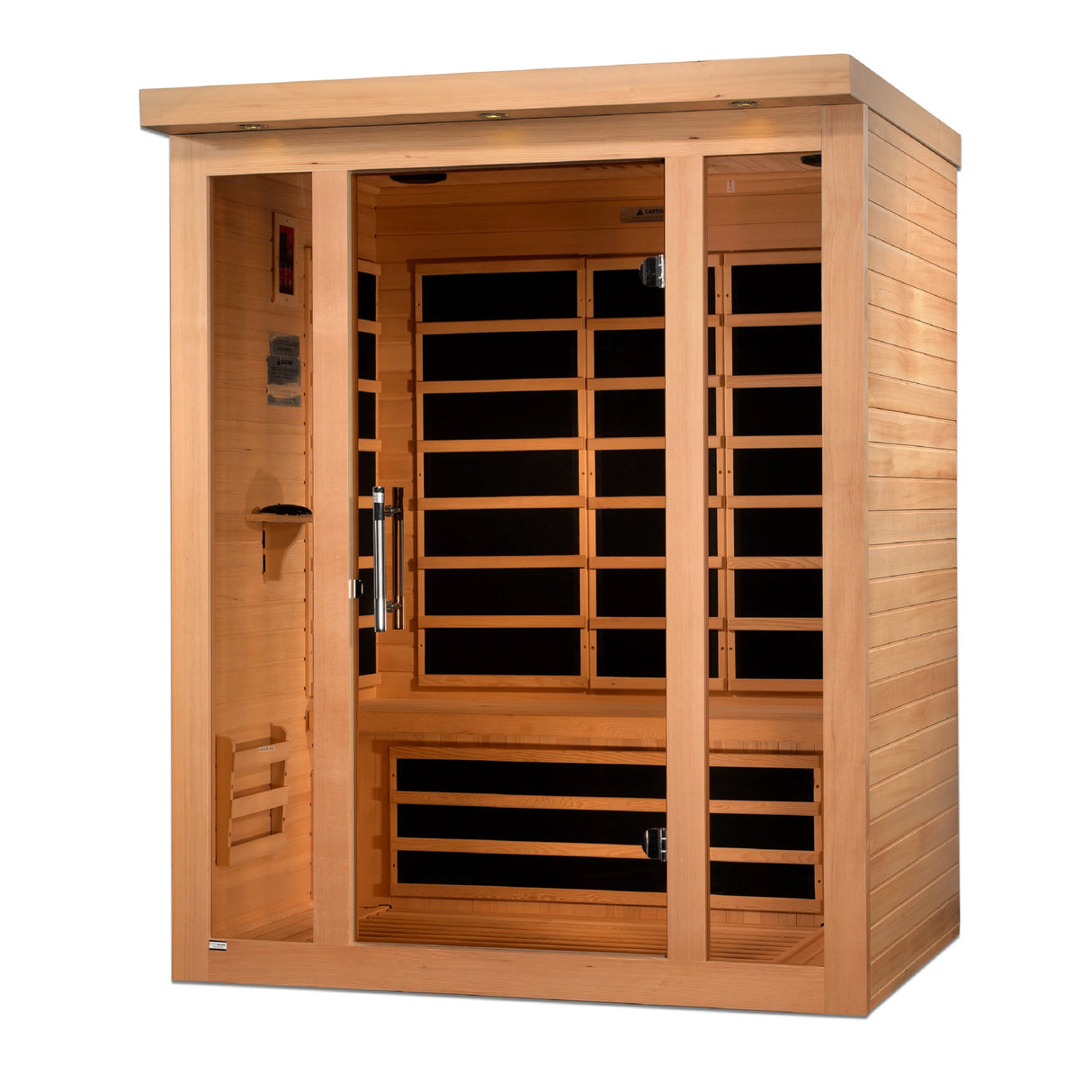 Dynamic Saunas Vila model FAR infrared sauna made from Canadian hemlock with a 3 person capacity and eight infrared panels