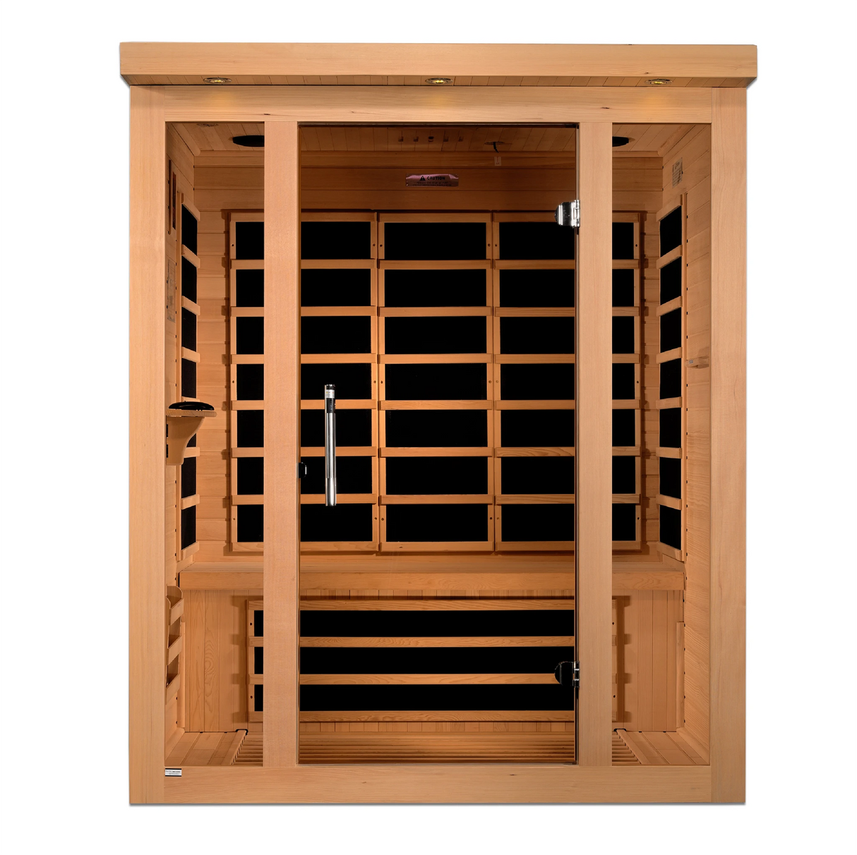 Dynamic Saunas Vila model FAR infrared sauna made from Canadian hemlock with a 3 person capacity and eight infrared panels