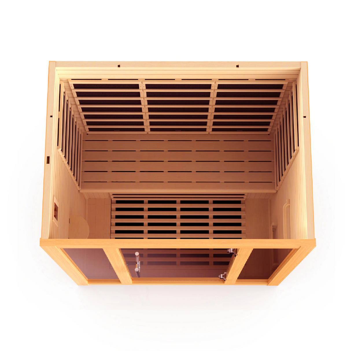 Dynamic Saunas Vila model FAR infrared sauna made from Canadian hemlock with a 3 person capacity and eight infrared panels