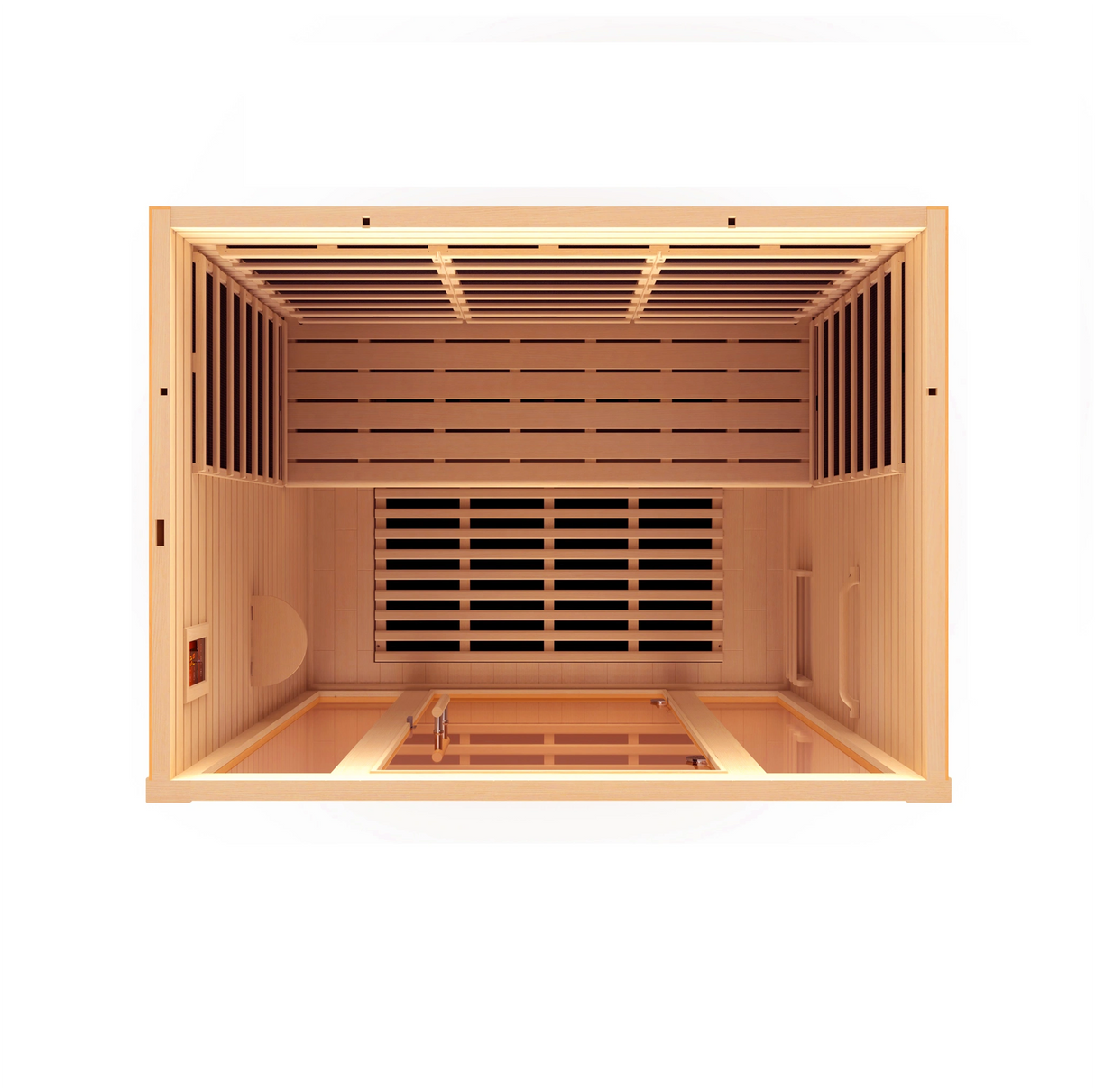 Dynamic Saunas Vila model FAR infrared sauna made from Canadian hemlock with a 3 person capacity and eight infrared panels