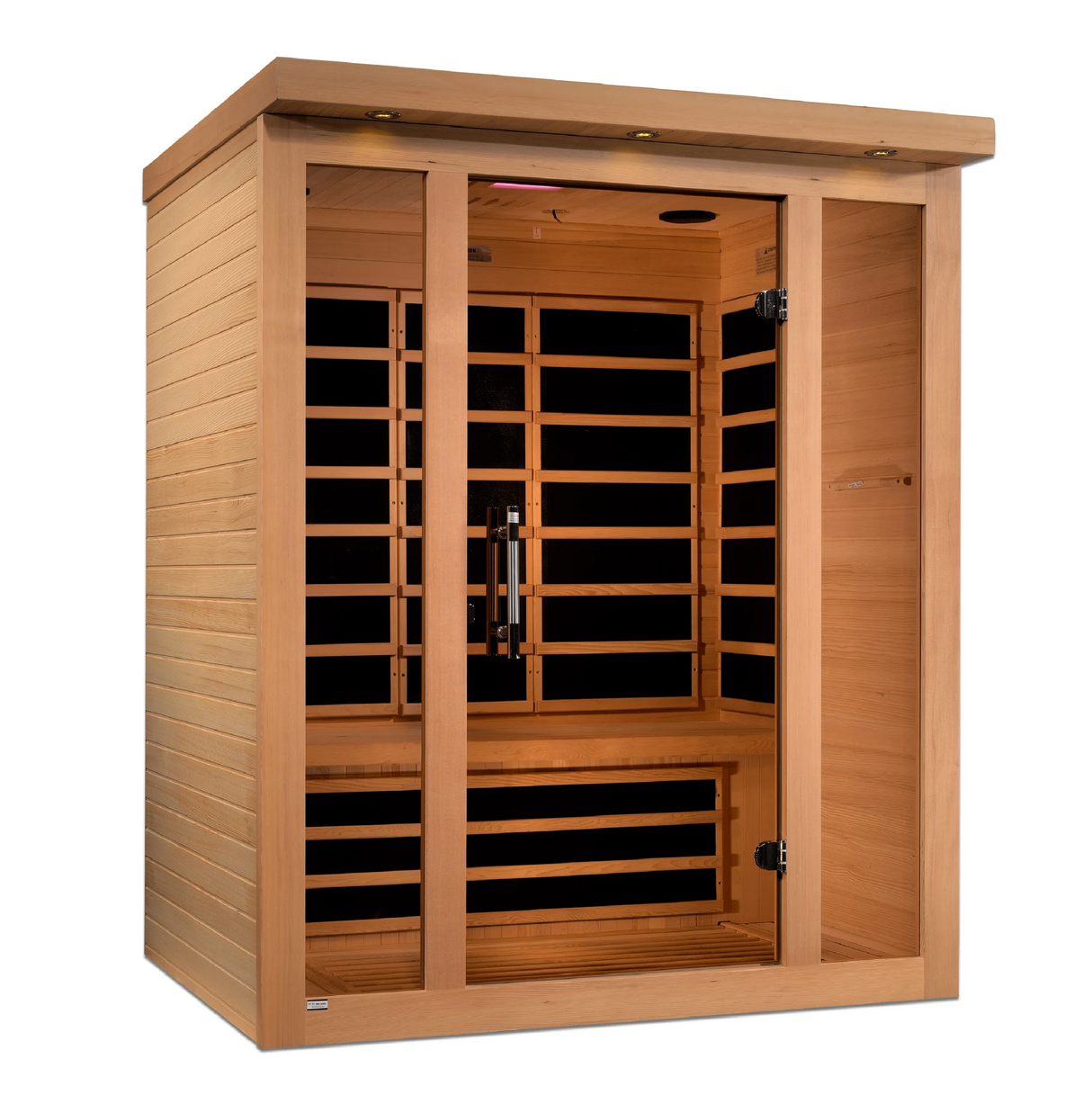 Dynamic Saunas Vila model FAR infrared sauna made from Canadian hemlock with a 3 person capacity and eight infrared panels