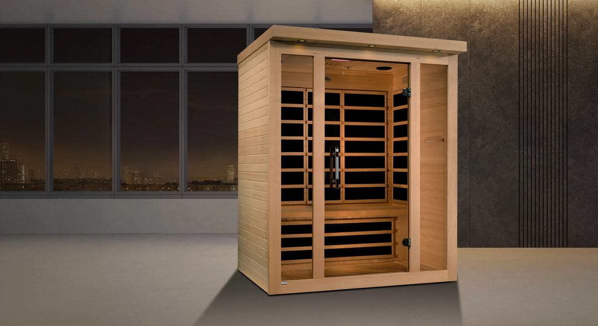 Dynamic Saunas Vila model FAR infrared sauna made from Canadian hemlock with a 3 person capacity and eight infrared panels