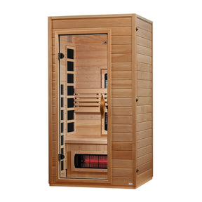 The Dynamic Martin Full Spectrum Infrared Sauna by Dynamic Saunas is a 2-person indoor model with a smooth light wood finish, glass door, interior bench seating, and visible infrared heating panels.