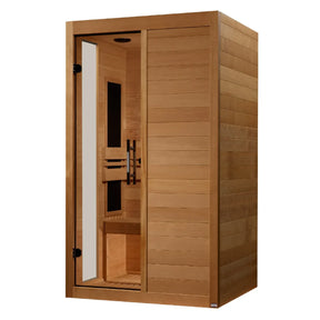The Dynamic Lucca FAR Infrared Sauna by Dynamic Saunas is a modern, rectangular 2-person indoor sauna with smooth light-colored wood panels, a glass door with black handle, and interior bench seating.