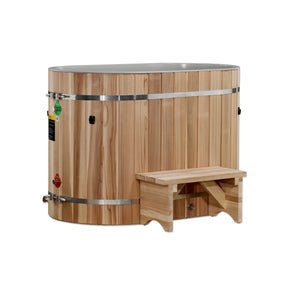 Wooden oval red cedar cold plunge with a portable step on a white background