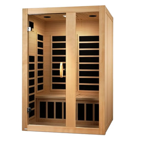 The Dynamic Saunas Serena 2-Person Indoor FAR Infrared Sauna features a wooden build, glass door, bench seating, and black infrared heater panels on the walls and under the bench for home use.