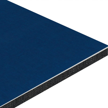 A close-up of the ECORE Baller Rally Laminate Roll - 14mm Class 2 Flooring by ECORE Athletic, featuring a blue rectangular panel with a smooth top surface, thin white layer, and dark textured core in its layered structure.