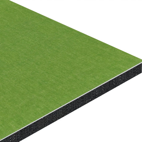 A cross-section illustration displays layers of ECORE Athletic’s Baller Rally Laminate Roll - 14mm Class 2 Flooring in green atop a black base, highlighting the construction of this advanced synthetic sports surface.