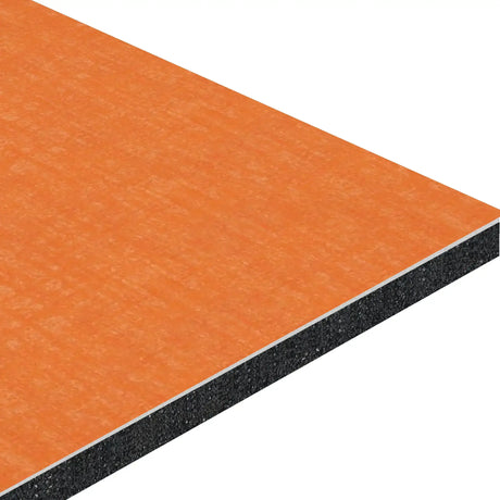 A close-up, angled view of the ECORE Athletic ECORE Baller Rally Laminate Roll - 14mm Class 2 Flooring, showcasing its orange surface layer and thick, textured core, set against a white background.