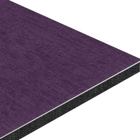 A close-up of the edge of ECORE Athletic’s Baller Rally Laminate Roll - 14mm Class 2 Flooring shows its rectangular, layered panel with a textured purple top surface and black, speckled core.