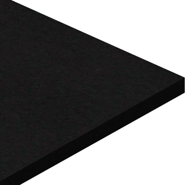 A close-up of the corner of an ECORE Basic Fit Rubber Roll - 6mm Flooring by ECORE Athletic, featuring a smooth, rectangular slab with a polished black surface against a white background.