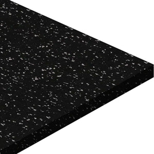 A close-up of the ECORE Athletic ECORE Basic Fit Rubber Roll - 6mm Flooring shows its black rectangular surface with small white and gray speckles, resembling classic gym flooring.