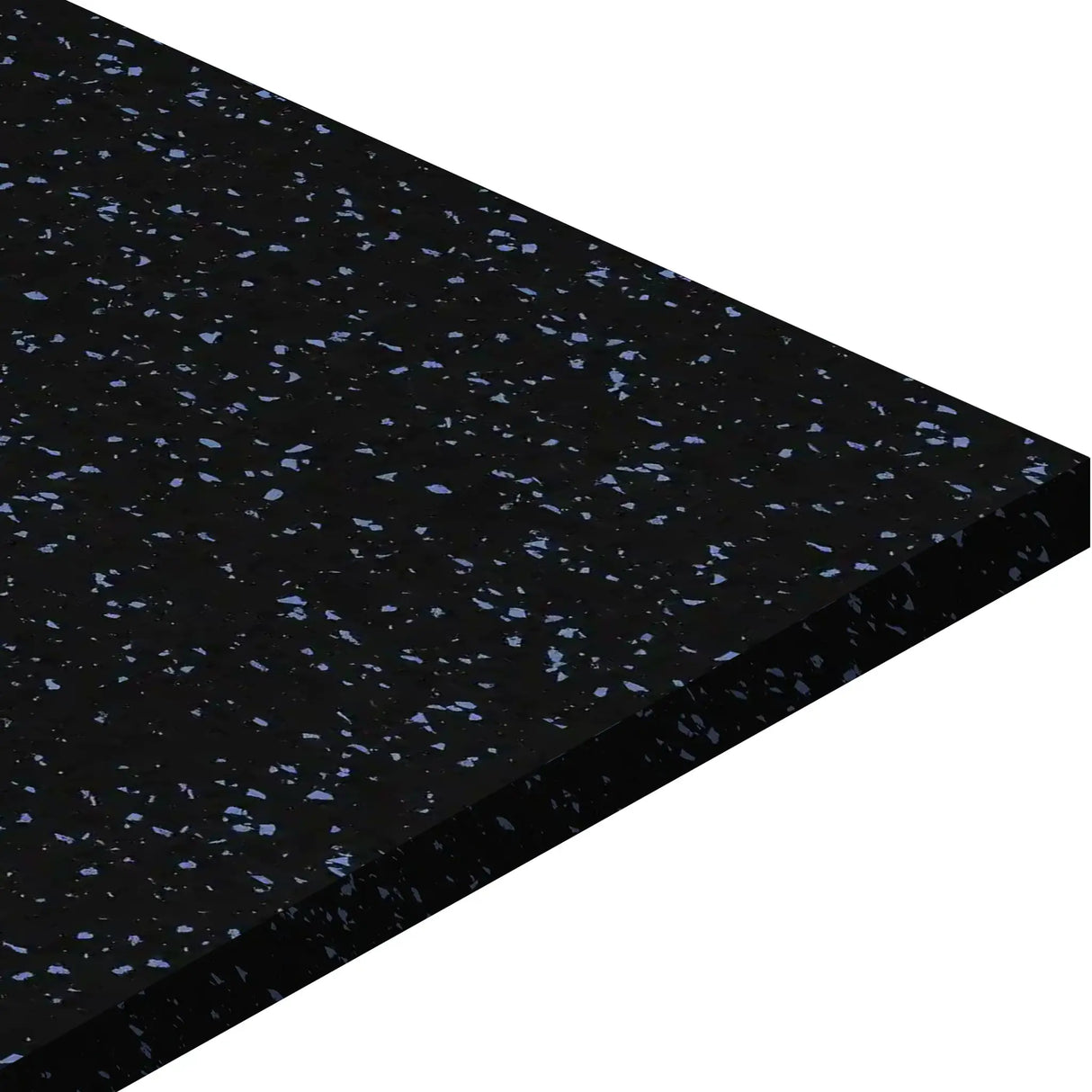 A close-up of the ECORE Basic Fit Rubber Roll - 9mm Flooring by ECORE Athletic shows its black surface with blue speckles, viewed at an angle against a white background. Thick and durable, this mat is ideal for flooring or protective surfacing.