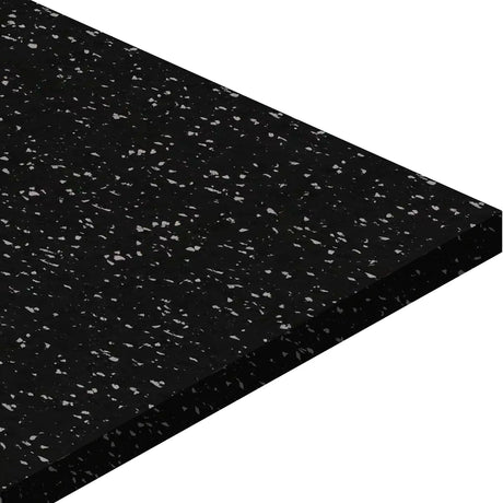 A close-up view of the ECORE Basic Fit Rubber Roll - 9mm Flooring by ECORE Athletic, featuring a black surface with white and gray specks, shown at an angle to emphasize its thickness and textured finish.