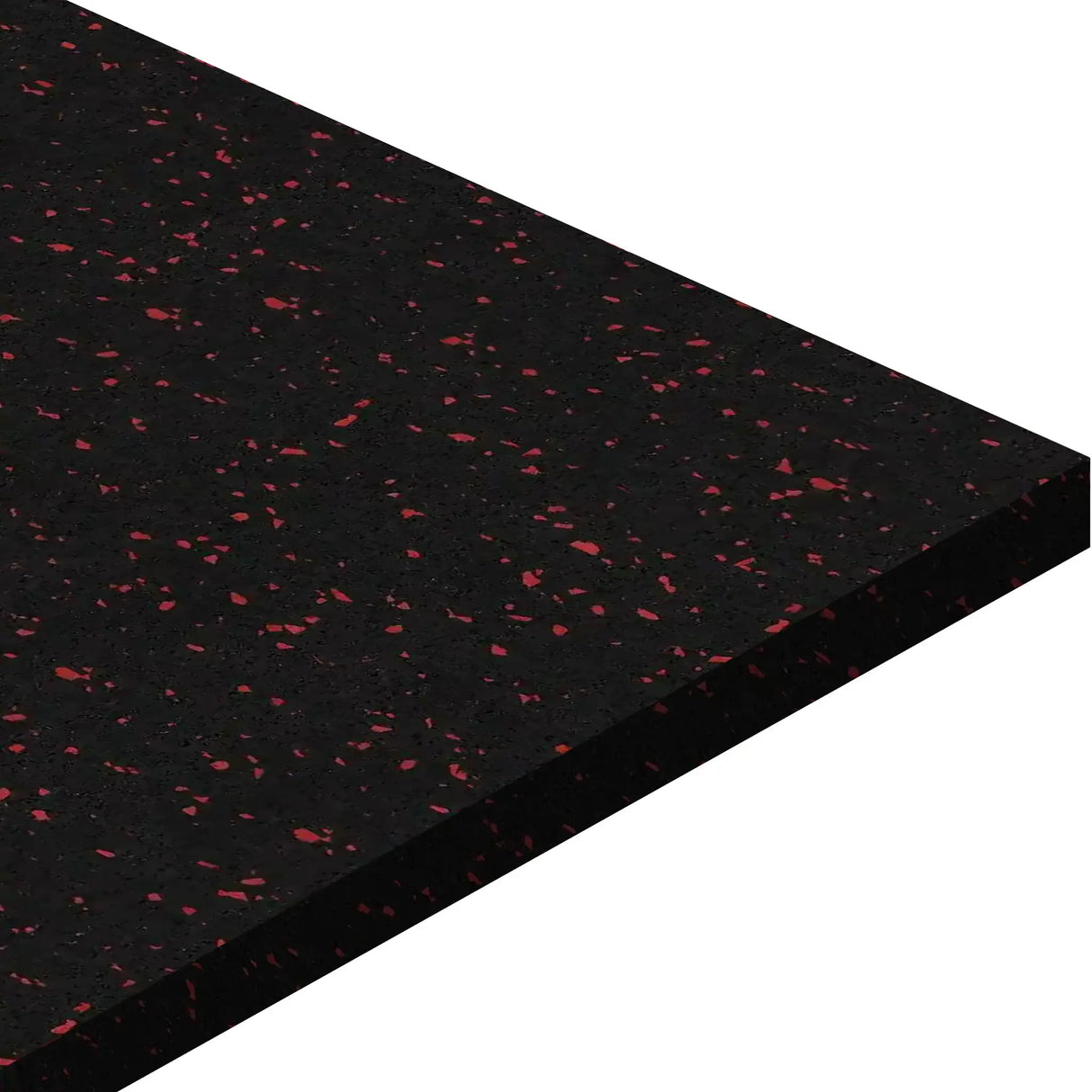 A close-up of the ECORE Athletic Basic Fit Rubber Roll - 9mm Flooring, a rectangular black mat with red specks, displayed on a white background.