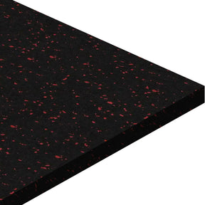 A close-up of the ECORE Athletic Basic Fit Rubber Roll - 9mm Flooring, a rectangular black mat with red specks, displayed on a white background.