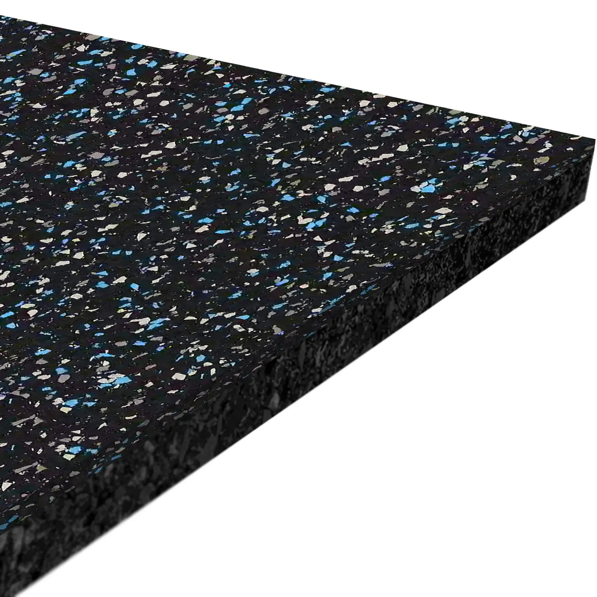 A close-up of the ECORE Athletic ECORE Performance Motivate Plus Rubber Roll - 10.5mm Flooring, a thick rectangular black mat with blue and white speckles, viewed from an angle.