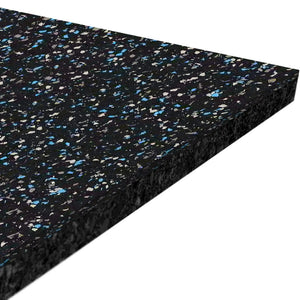 A close-up of the ECORE Athletic ECORE Performance Motivate Plus Rubber Roll - 10.5mm Flooring, a thick rectangular black mat with blue and white speckles, viewed from an angle.