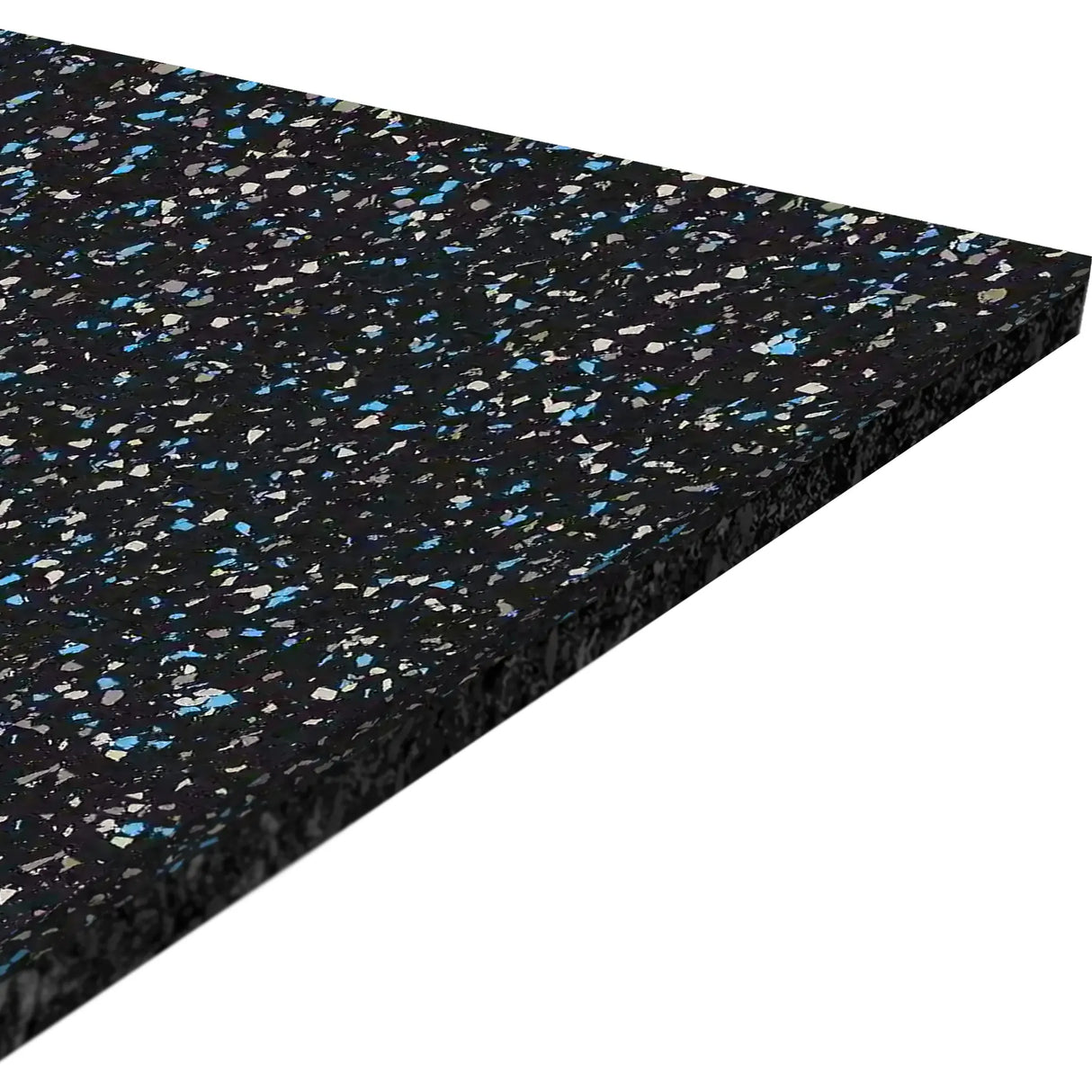 A close-up of the ECORE Performance Beast Rubber Roll - 10.5mm Flooring by ECORE Athletic, featuring a black surface with blue, gray, and white speckles, shown at an angle to display its thickness and textured finish.