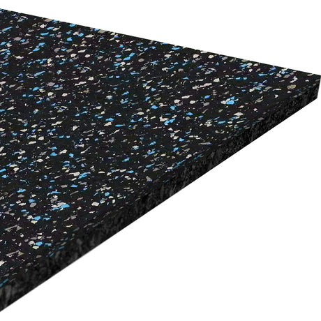 A close-up of the ECORE Performance Beast Rubber Roll - 10.5mm Flooring by ECORE Athletic, featuring a black surface with blue, gray, and white speckles, shown at an angle to display its thickness and textured finish.