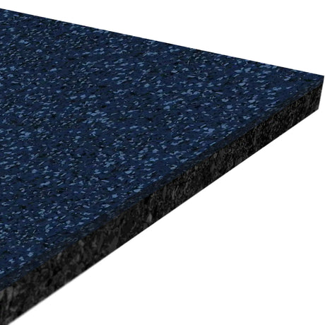 Close-up view of ECORE Athletic’s Performance Motivate Plus Rubber Roll - 10.5mm Flooring, featuring a rectangular blue and black speckled surface with highlighted thickness and textured finish.