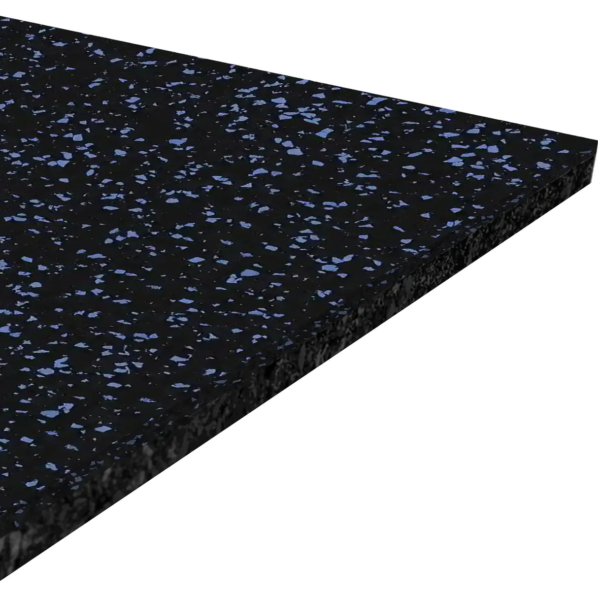 A close-up, angled view of the ECORE Performance Beast Rubber Roll - 10.5mm Flooring by ECORE Athletic, featuring black gym flooring with small blue specks.