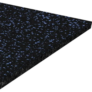 A close-up, angled view of the ECORE Performance Beast Rubber Roll - 10.5mm Flooring by ECORE Athletic, featuring black gym flooring with small blue specks.