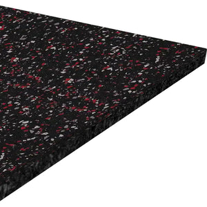 A close-up of the ECORE Performance Beast Rubber Roll - 10.5mm Flooring by ECORE Athletic, featuring a black surface with red and gray speckles, shown at an angle against a white background.