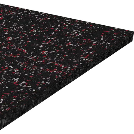 A close-up of the ECORE Performance Beast Rubber Roll - 10.5mm Flooring by ECORE Athletic, featuring a black surface with red and gray speckles, shown at an angle against a white background.