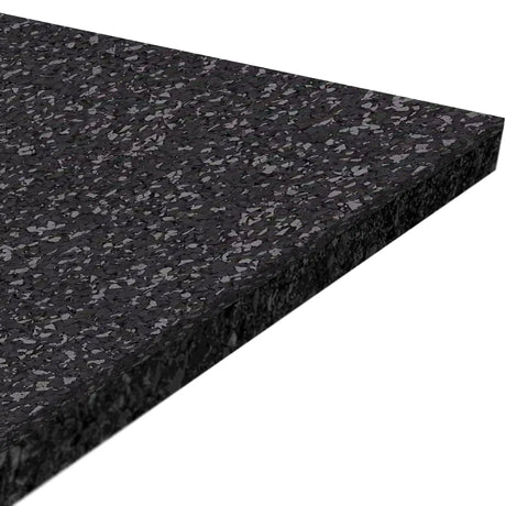 Close-up view of the ECORE Athletic Performance Motivate Plus Rubber Roll - 10.5mm Flooring, a thick, rectangular black mat with speckled gray patterns, displayed at an angle on a white background.