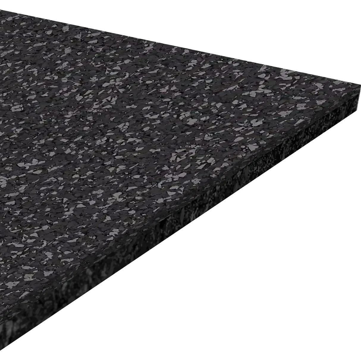 A close-up of the ECORE Performance Beast Rubber Roll - 10.5mm Flooring by ECORE Athletic, featuring a rectangular black surface with gray and white speckles, is displayed against a white background.