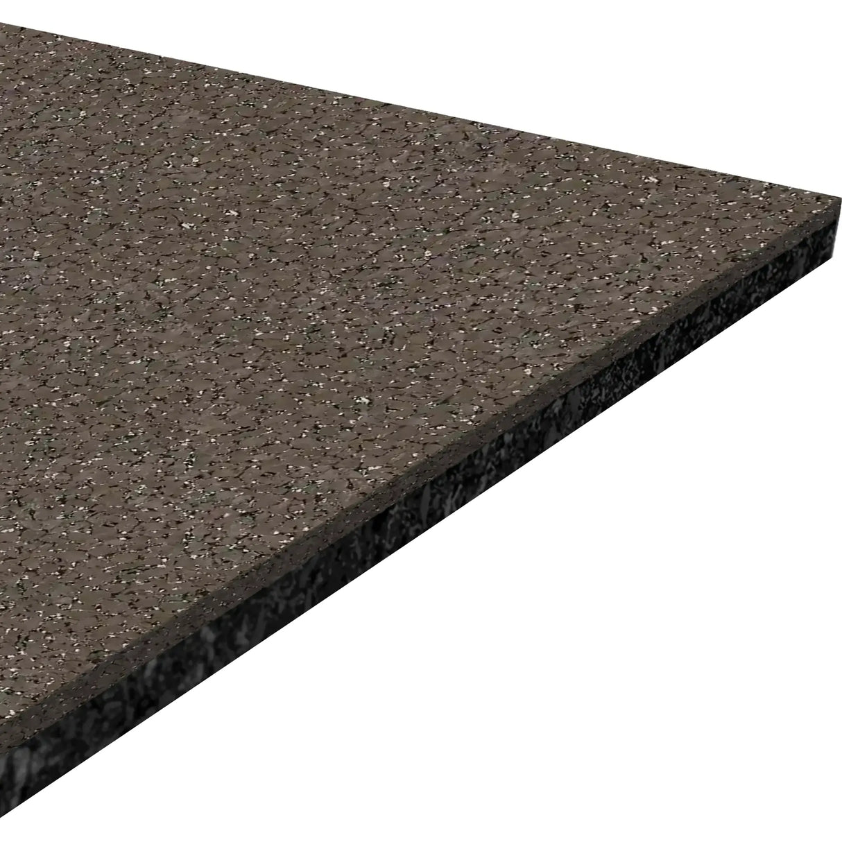 A close-up view of a rectangular piece of ECORE Performance Beast Rubber Roll - 10.5mm Flooring by ECORE Athletic, featuring a dark, speckled surface with a polished finish and beveled edge.