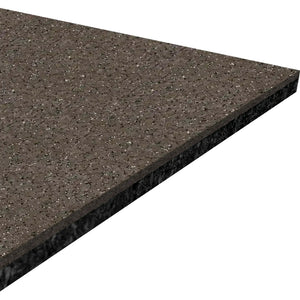 A close-up view of a rectangular piece of ECORE Performance Beast Rubber Roll - 10.5mm Flooring by ECORE Athletic, featuring a dark, speckled surface with a polished finish and beveled edge.