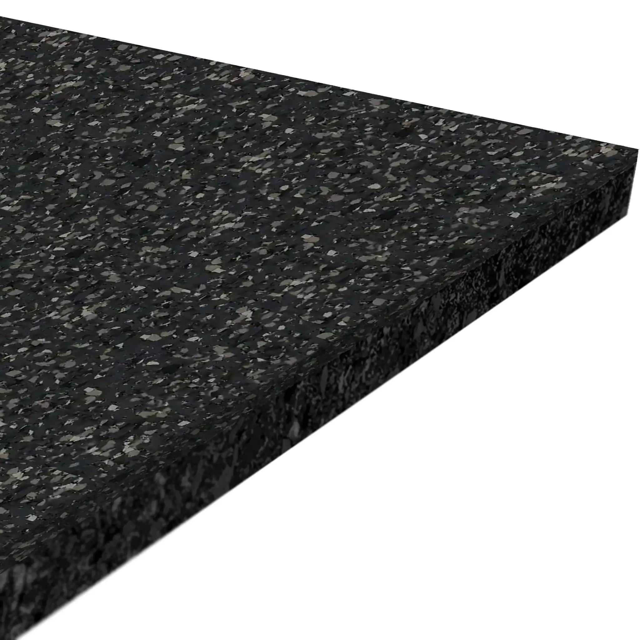 A close-up of the ECORE Performance Motivate Plus Rubber Roll - 10.5mm Flooring by ECORE Athletic shows its thick, rectangular black surface with gray speckles, highlighting its textured design and angled edge.