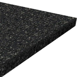 A close-up of the ECORE Performance Motivate Plus Rubber Roll - 10.5mm Flooring by ECORE Athletic shows its thick, rectangular black surface with gray speckles, highlighting its textured design and angled edge.