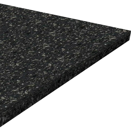 A close-up of the ECORE Performance Beast Rubber Roll - 10.5mm Flooring by ECORE Athletic shows its rectangular, speckled black and gray design, smooth surface, and beveled edges against a white background.