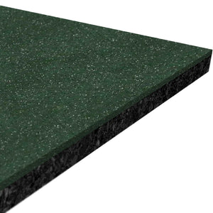 A close-up angled view of the ECORE Athletic Performance Motivate Plus Rubber Roll - 10.5mm flooring, a rectangular green speckled mat with black edges, set against a white background.