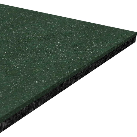 A close-up of the ECORE Performance Beast Rubber Roll - 10.5mm Flooring by ECORE Athletic, a rectangular green speckled rubber mat with a black edge, displayed on a white background.