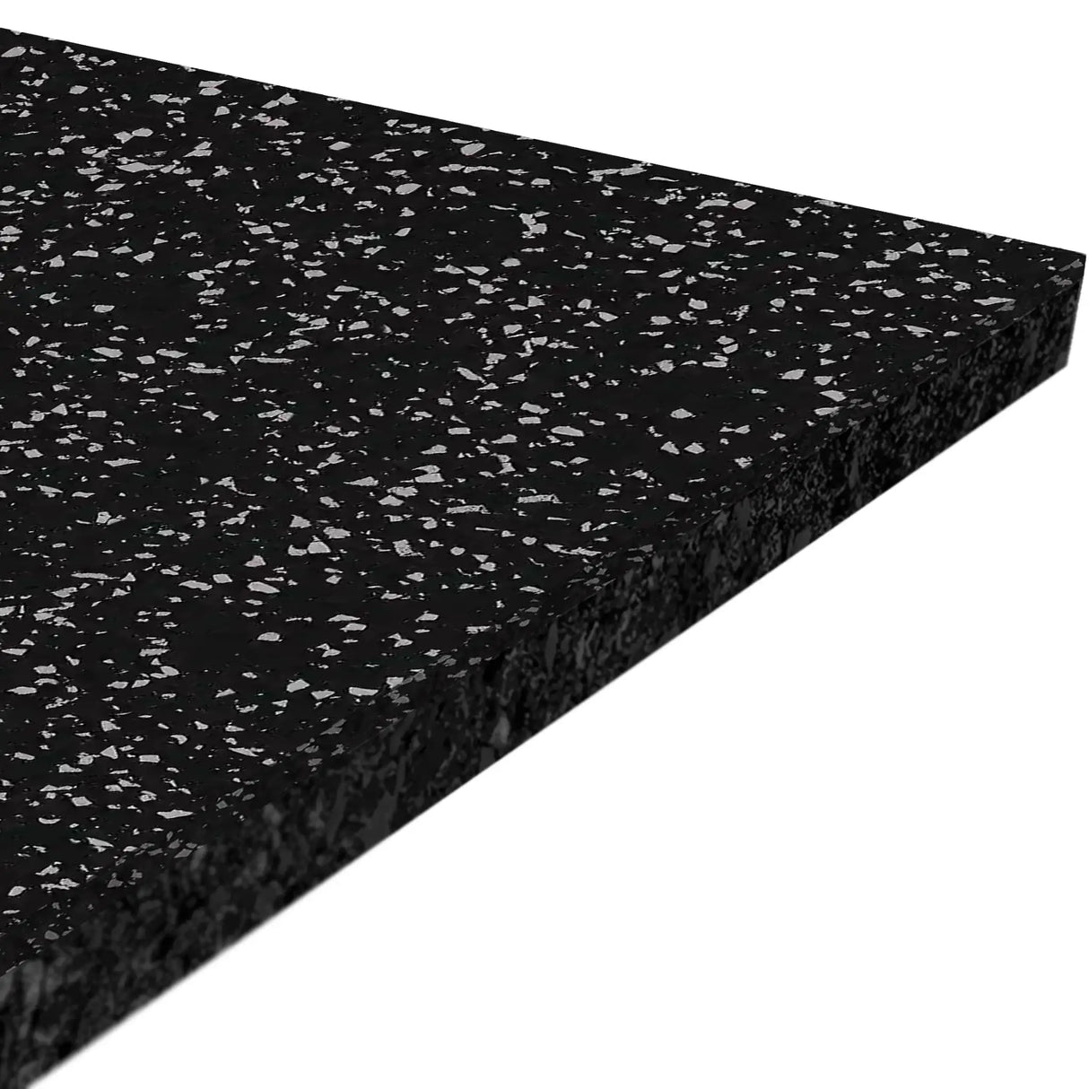 A close-up of the ECORE Performance Motivate Plus Rubber Roll - 10.5mm Flooring by ECORE Athletic, a thick rectangular black mat with small white speckles, shown at an angle against a white background.