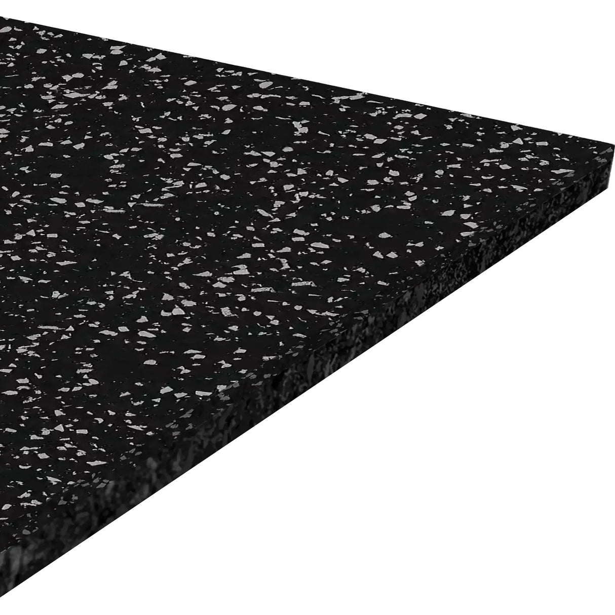A close-up view of the ECORE Athletic Performance Beast Rubber Roll - 10.5mm Flooring, a rectangular black mat with white speckles, shown at an angle to highlight its thickness and textured surface.
