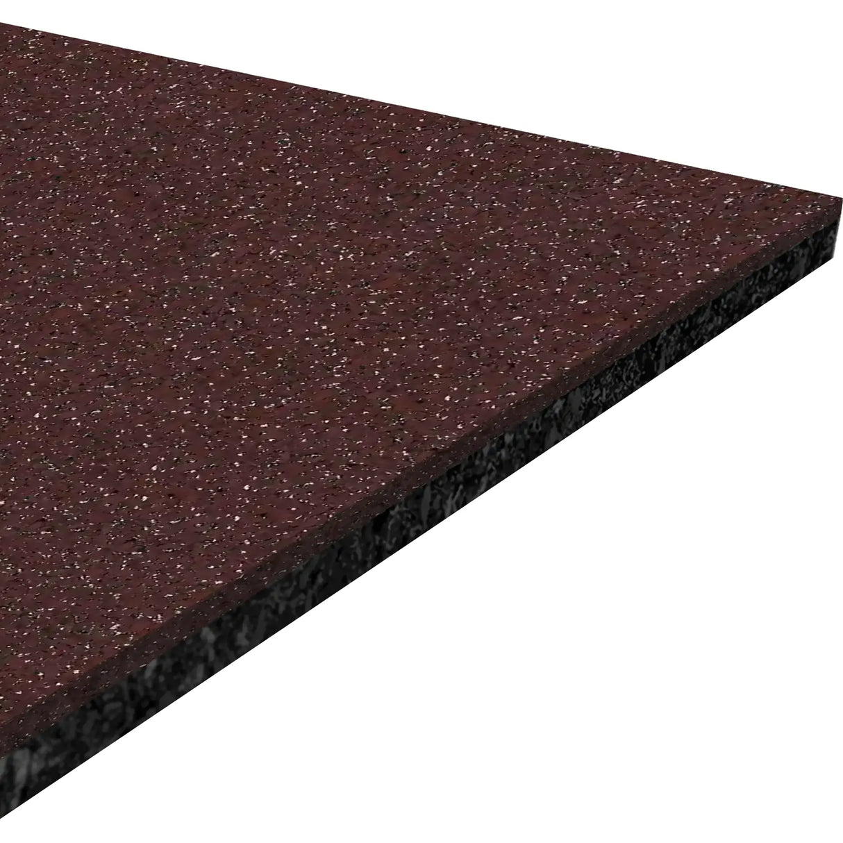 A close-up of the ECORE Performance Beast Rubber Roll - 10.5mm Flooring by ECORE Athletic shows a rectangular, maroon-colored tile with a speckled pattern and rough texture featuring lighter and darker flecks.