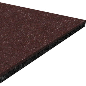 A close-up of the ECORE Performance Beast Rubber Roll - 10.5mm Flooring by ECORE Athletic shows a rectangular, maroon-colored tile with a speckled pattern and rough texture featuring lighter and darker flecks.