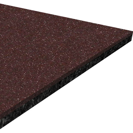 A close-up of the ECORE Performance Beast Rubber Roll - 10.5mm Flooring by ECORE Athletic shows a rectangular, maroon-colored tile with a speckled pattern and rough texture featuring lighter and darker flecks.