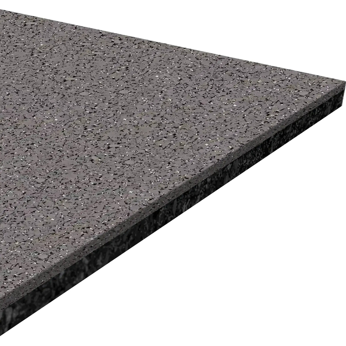 A close-up of the ECORE Performance Beast Rubber Roll - 10.5mm Flooring by ECORE Athletic shows its rectangular, speckled gray surface with a smooth, polished finish and slightly beveled edge against a white background.