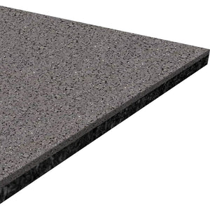 A close-up of the ECORE Performance Beast Rubber Roll - 10.5mm Flooring by ECORE Athletic shows its rectangular, speckled gray surface with a smooth, polished finish and slightly beveled edge against a white background.