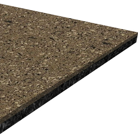 A close-up of the ECORE Athletic Performance Beast Rubber Roll - 10.5mm Flooring shows its textured, speckled brown surface and layered edges against a white background.